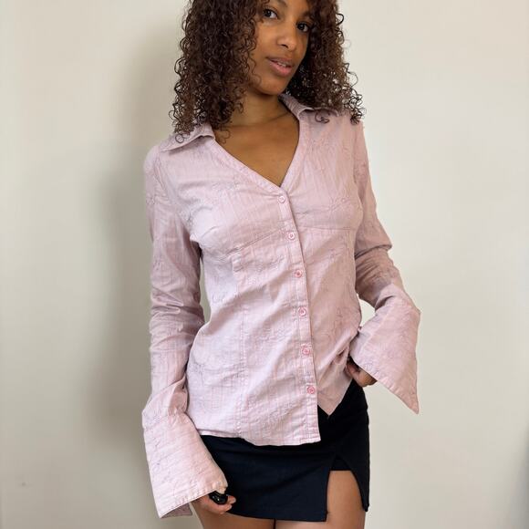 Vintage euro Pink Embroidered Floral Button-Up with Flare Cuffs (S) - Picture 1 of 9